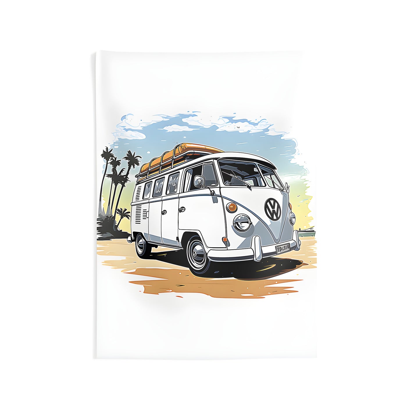 Colorful indoor wall tapestry featuring a vintage-style Volkswagen van with surfboards on the roof, parked on a serene beach scene with palm trees and a bright blue sky.