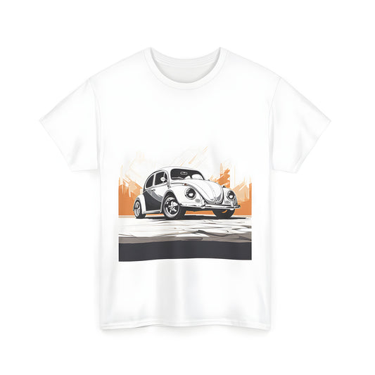 Illustration of a classic Volkswagen Beetle car design on a unisex T-shirt, featuring white and black details