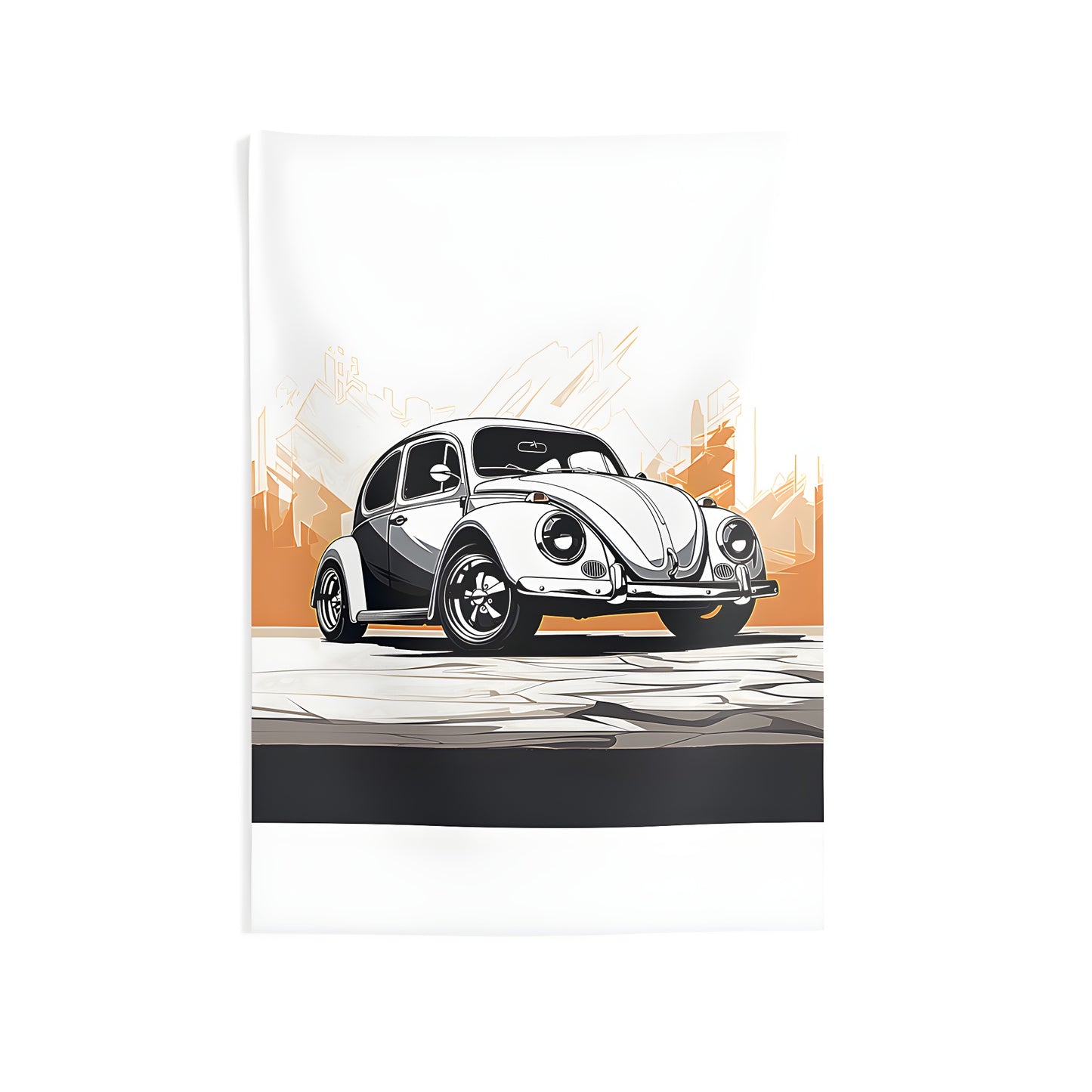 Vintage VW Beetle wall tapestry featuring colorful illustrations of classic cars, perfect for decor