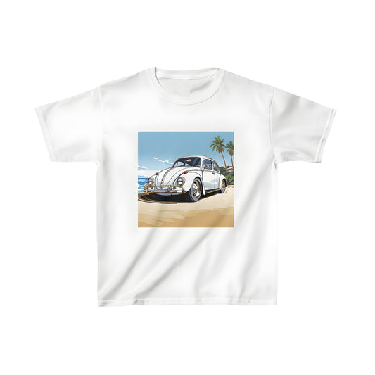 Colorful kids' t-shirt with nostalgic vintage car design, parked on a tropical beach scene with palm trees and ocean view