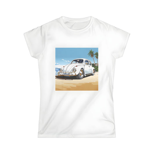 Women's graphic tee with vintage car illustration, sandy beach scene and palm trees