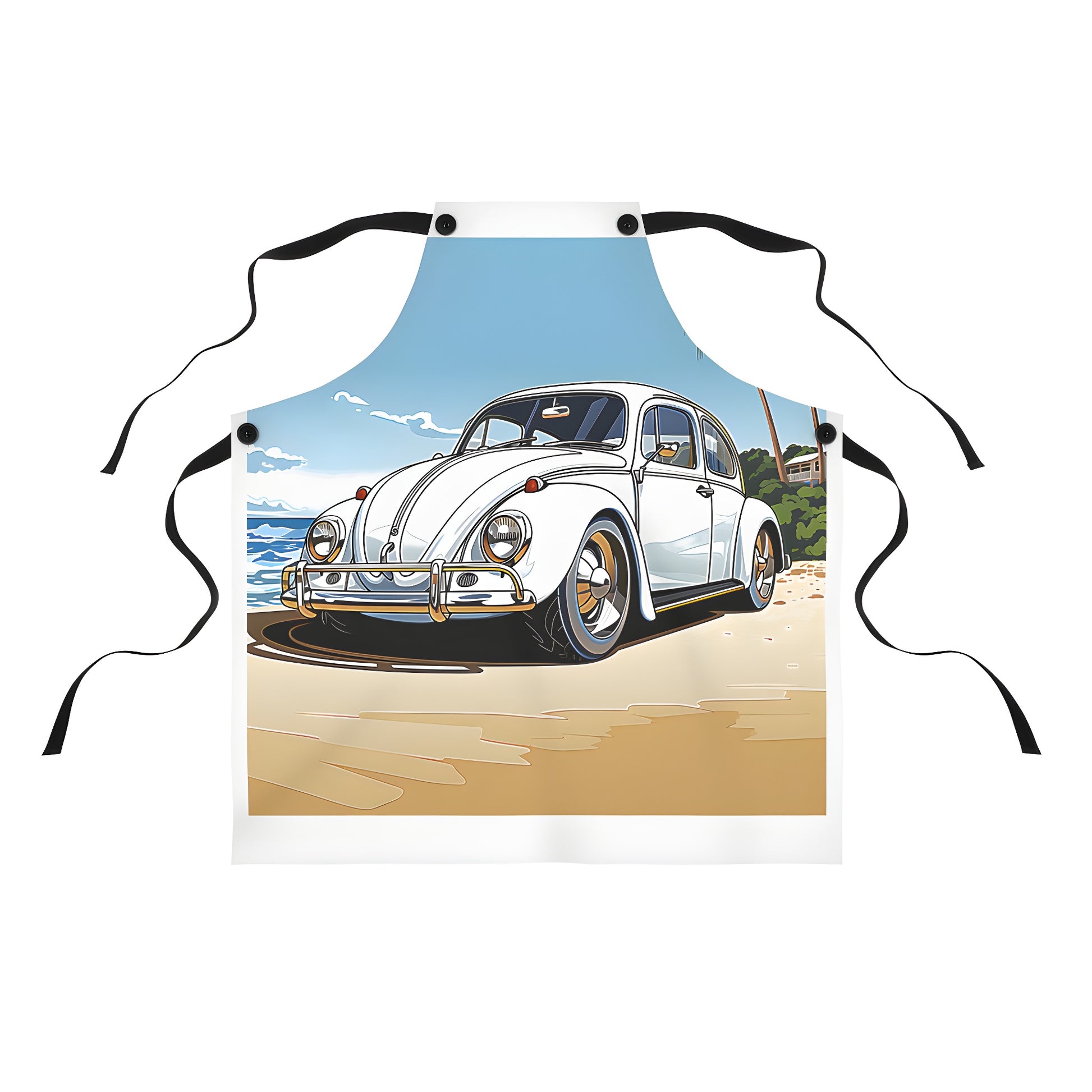 Colorful apron featuring a nostalgic vintage car parked on a sandy beach with palm trees and an ocean view under a clear blue sky