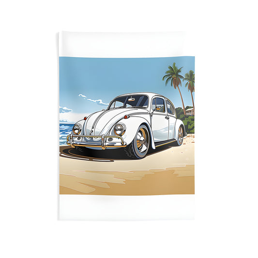 Vintage car art print on indoor wall tapestry, colorful design of white classic roadster parked on sandy beach with palm trees and ocean view under clear blue sky