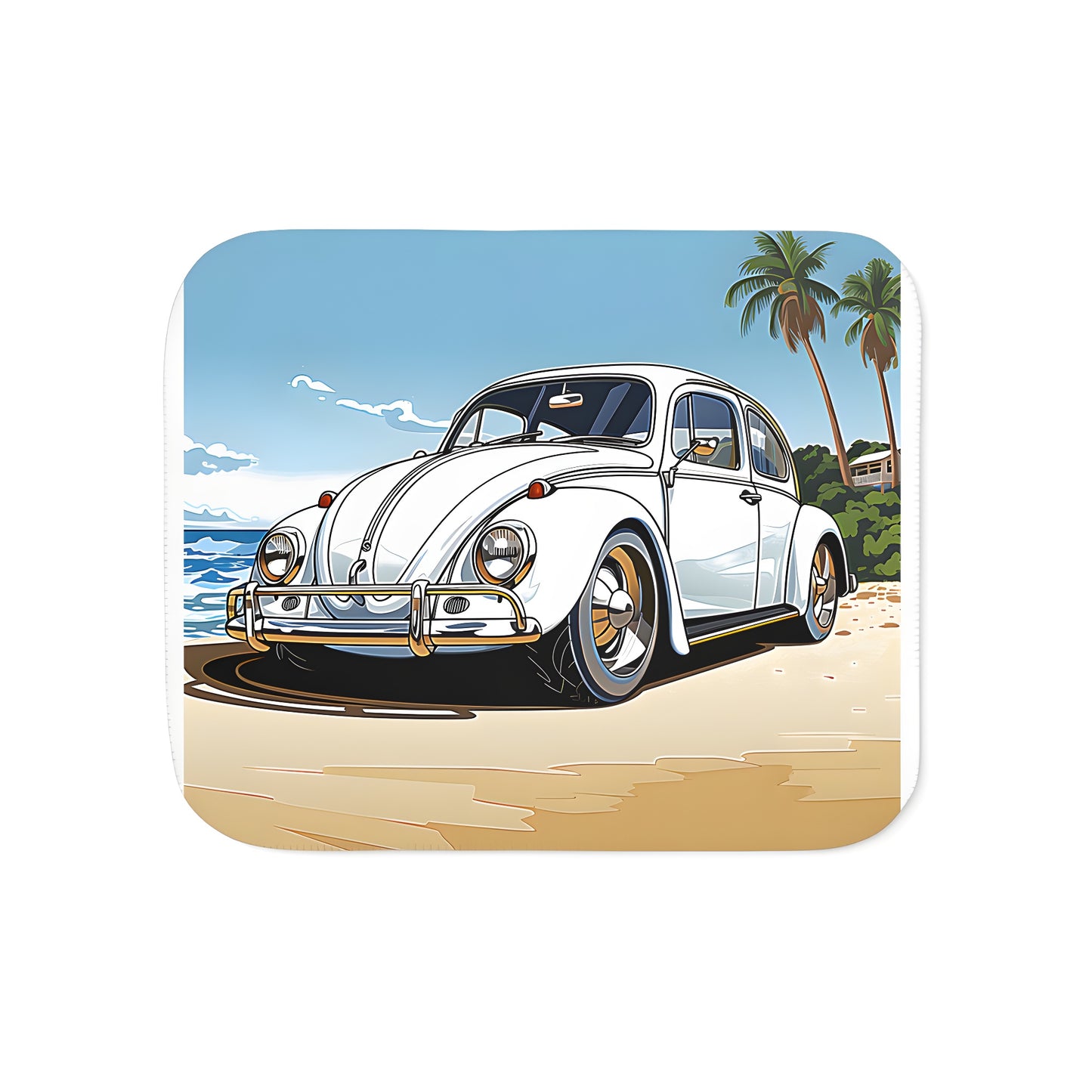 Cozy blanket featuring a colorful vintage car illustration with palm trees and ocean view