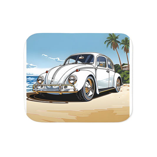 Cozy blanket featuring a colorful vintage car illustration with palm trees and ocean view