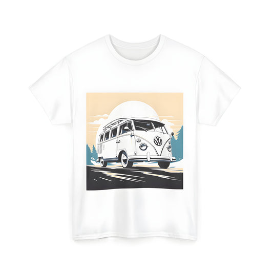 Unisex T-shirt featuring a colorful graphic of a classic VW van driving along a scenic road with trees and sunset backdrop