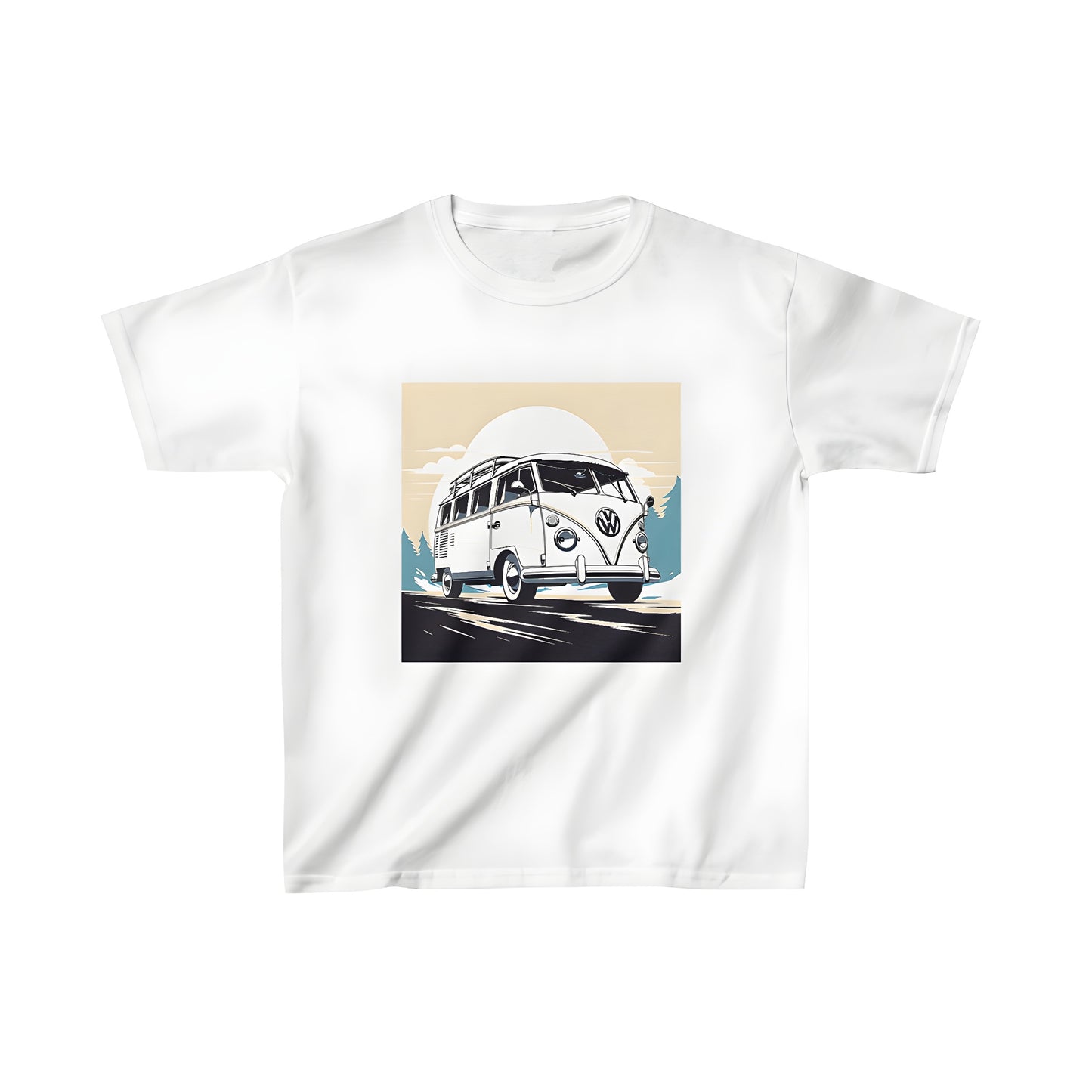 Colorful kid's t-shirt featuring a fun vintage style camper van illustration