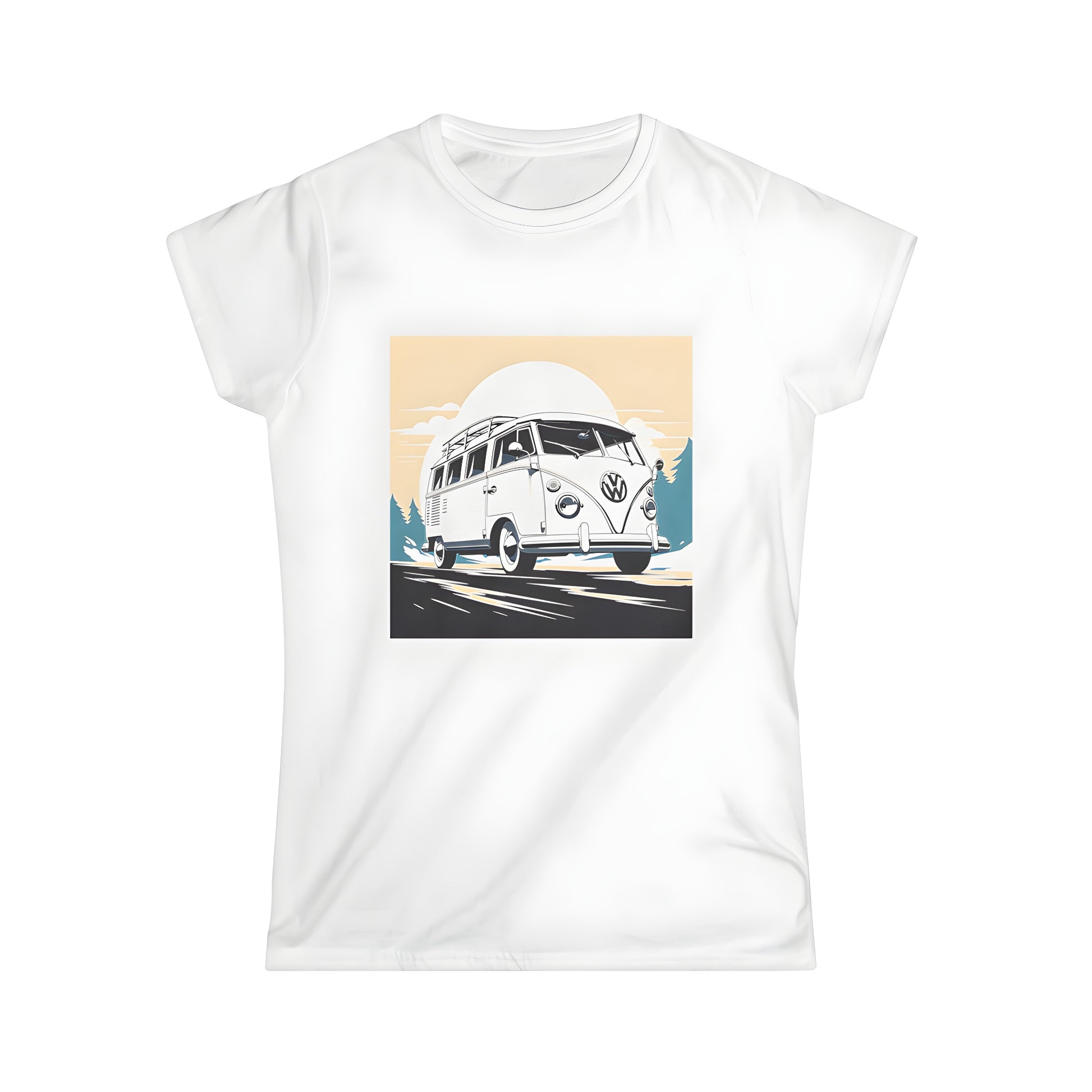 A vibrant women's t-shirt featuring a stylized design of an old school VW van driving down a winding road against a stunning sunset backdrop.