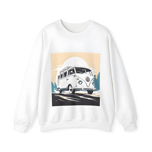 Vintage-inspired adult sweatshirts featuring colorful designs of retro-style Volkswagen vans cruising down scenic roads amidst golden sunset backdrops.