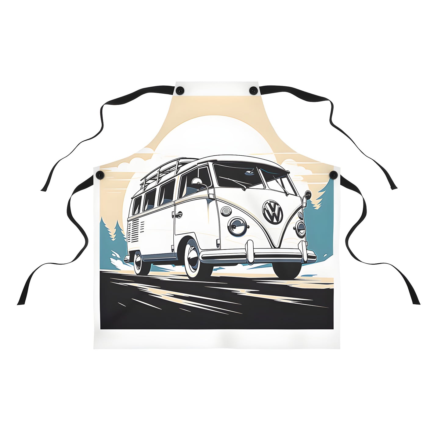 Colorful apron featuring an old school Volkswagen van driving along a scenic road with trees and sunset backdrop