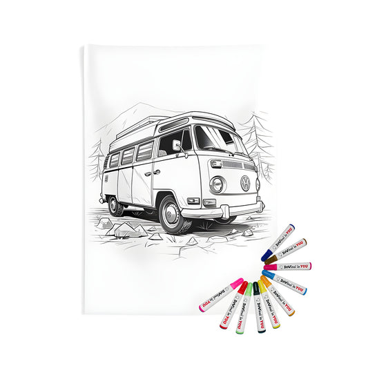 Vintage Volkswagen camper van illustration for a fun adult coloring page