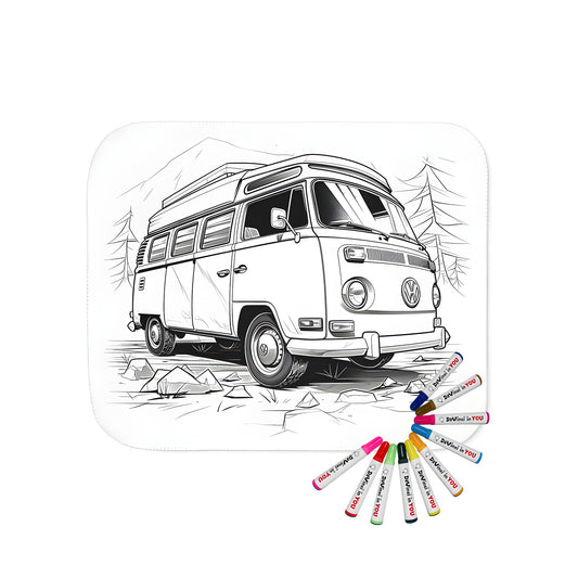 Coloring page inspired Blanket with old school VW van illustration surrounded by natural landscape