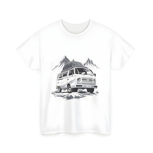 A comfortable unisex t-shirt featuring a colorful camper van-inspired design parked on a rugged terrain with majestic mountains in the background.