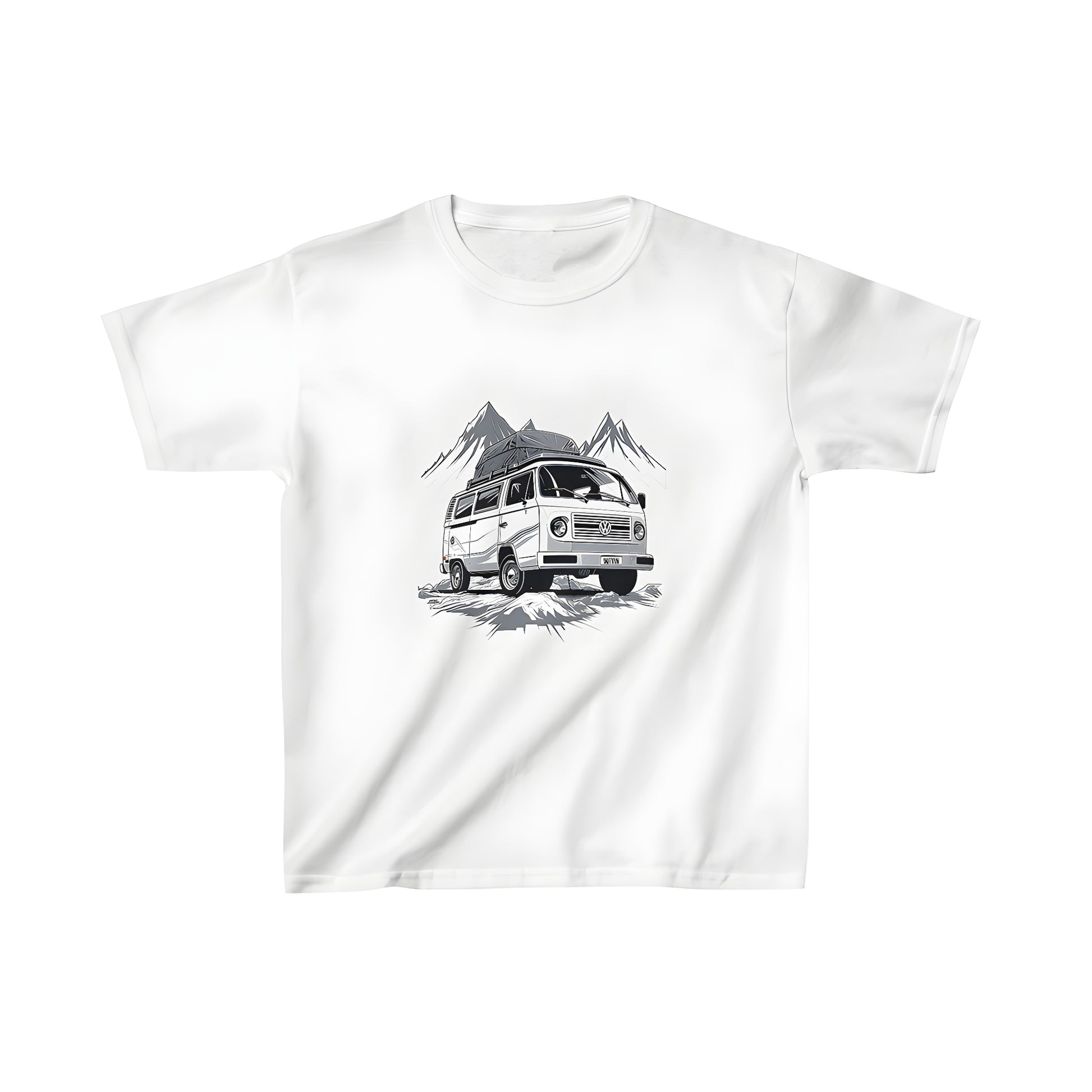 Colorful camper van t-shirt design on rugged terrain with mountains