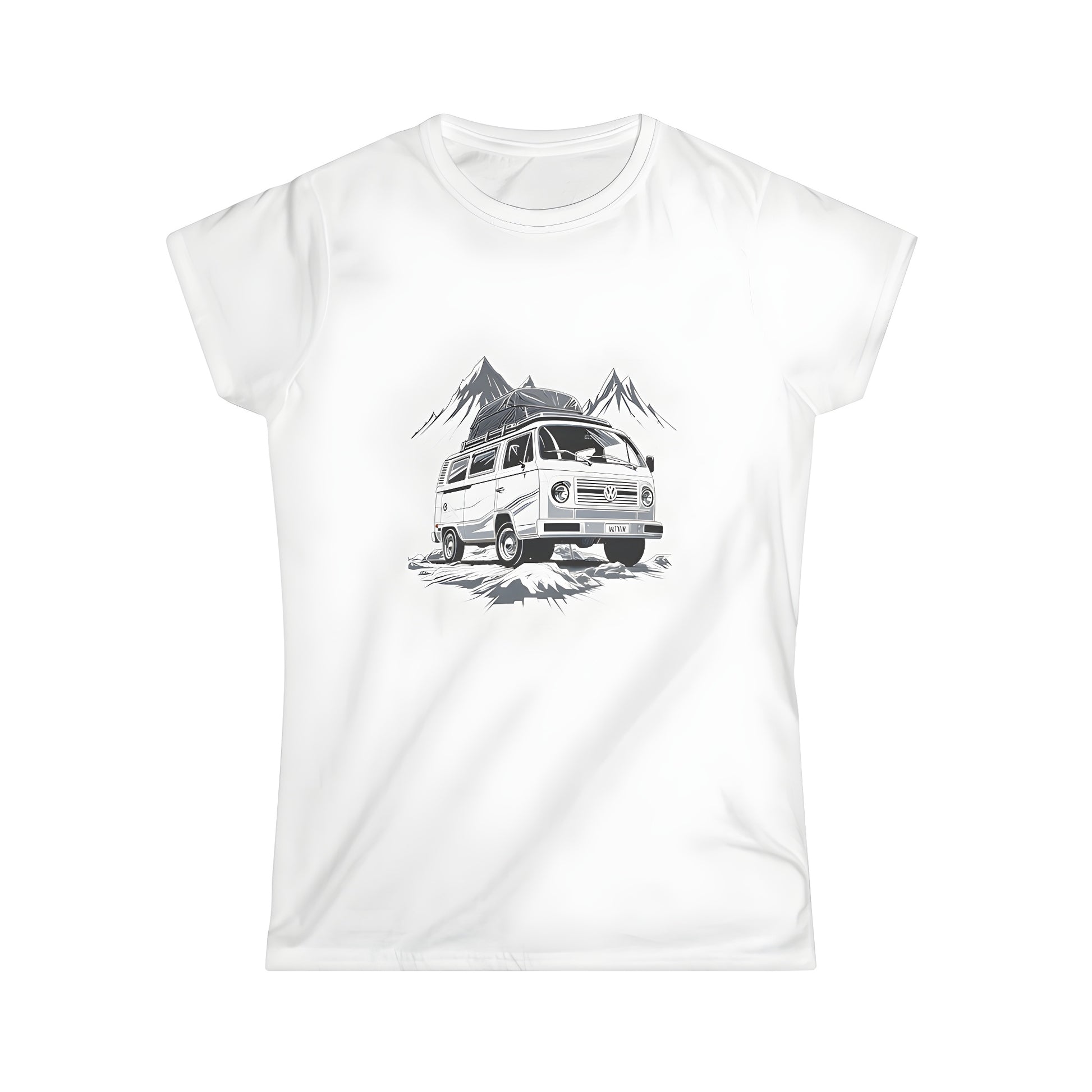 A colorful women's t-shirt featuring an illustration of a motorhome parked on a rugged terrain with mountains in the background, perfect for adventure and travel enthusiasts