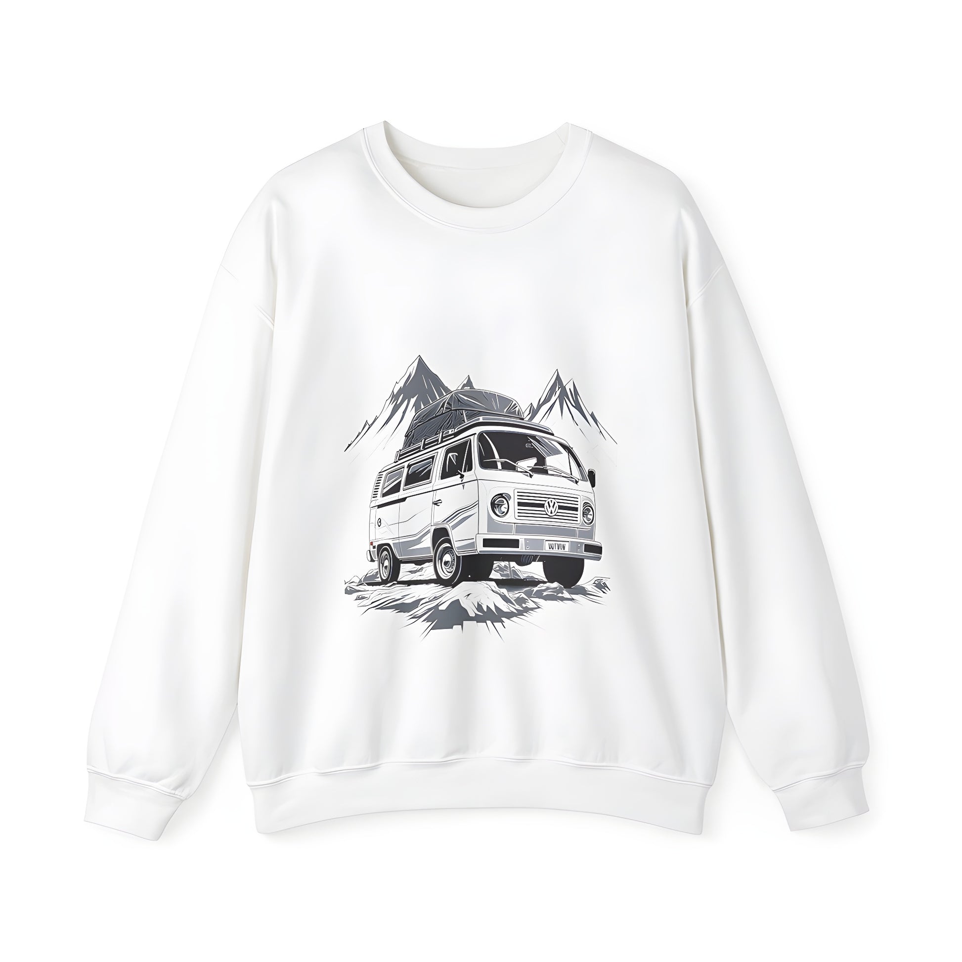 Adult sweatshirt featuring a vibrant camper van design parked on a rugged terrain with mountains in the background. Perfect for outdoor enthusiasts, travel lovers and adventure seekers.