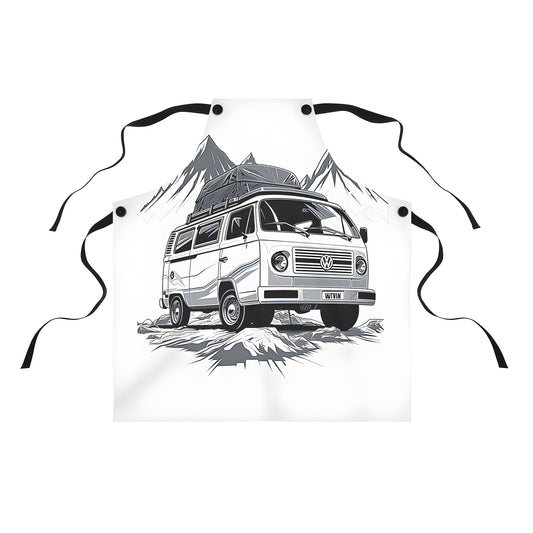 Colorful Camper Van travel apron with rugged terrain and mountains design