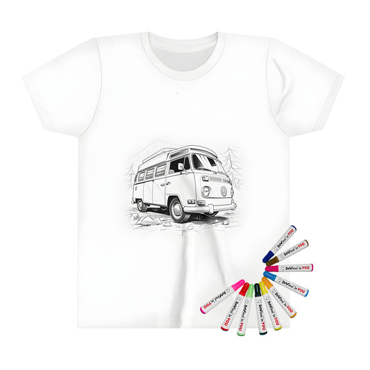 Vintage style Volkswagen camper van illustration on a kid's t-shirt coloring kit