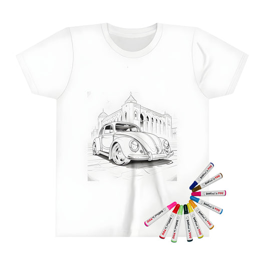 Detailed line art of a classic car illustration on kid's t-shirt