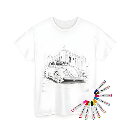 A detailed line art illustration of a vintage car parked in front of a historical cathedral-like building on a unisex t-shirt coloring kit with 10 fabric markers