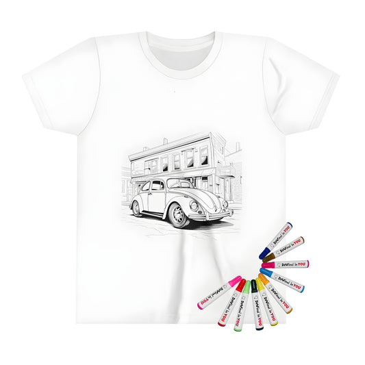 Kid's t-shirt featuring an old car coloring kit illustration of a vintage Volkswagen Beetle parked on a street