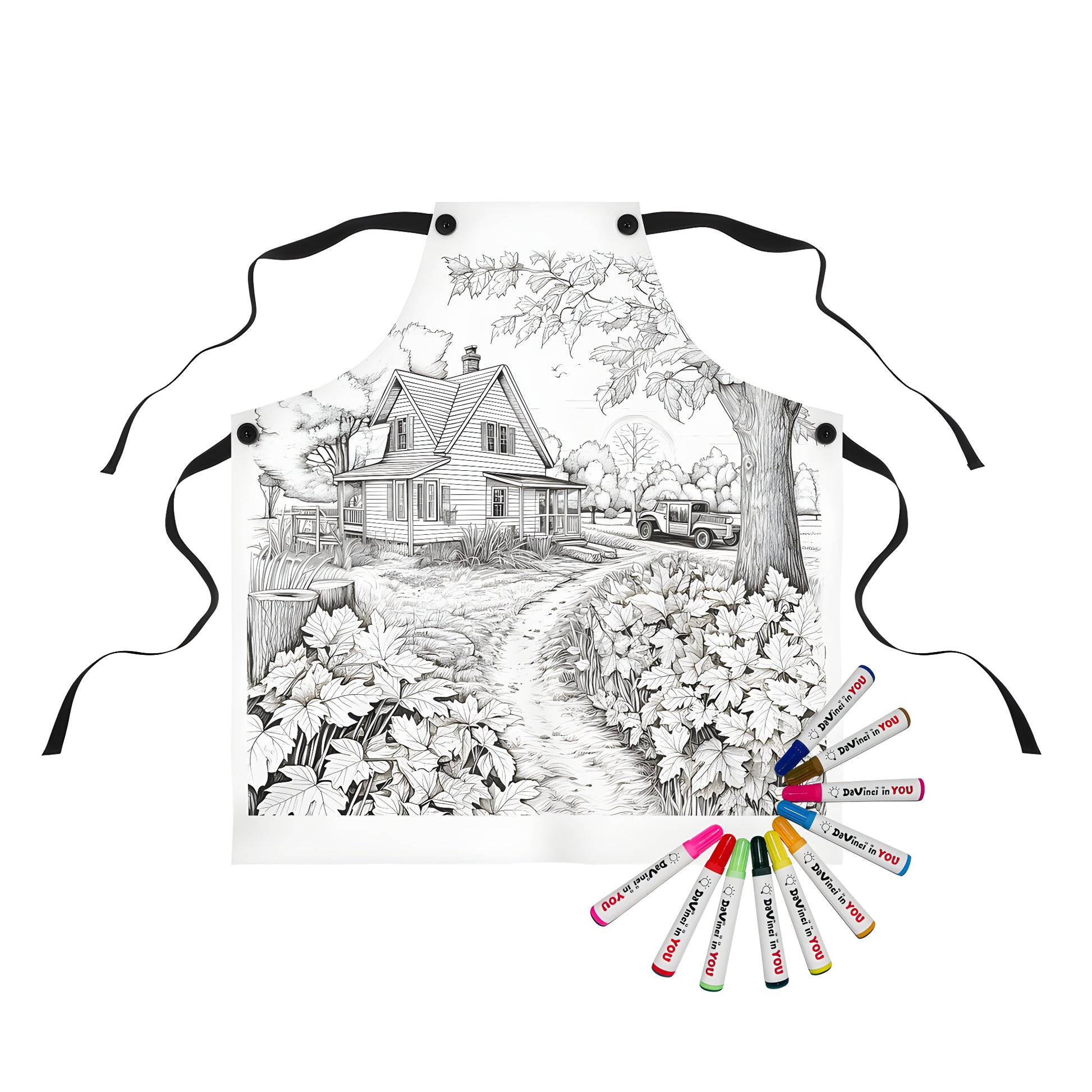 Aprons with Intricate black and white drawing of homes, farms, cottages, or villas surrounded by gardens, trees, bushes, and vintage cars