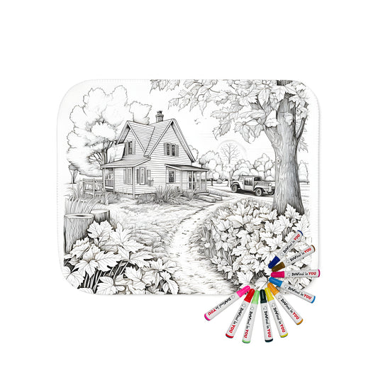 Coloring blanket with country house design, featuring intricate black and white drawings of a farmhouse, village, homestead, or cottage surrounded by nature's beauty, trees, bushes, and a vintage car on a dirt path. Unique fabric art for adult coloring book fans.