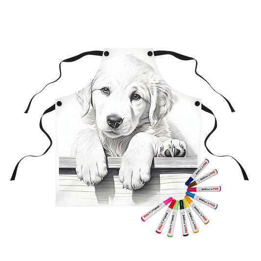 Apron featuring a highly detailed and realistic black-and-white drawing of an adorable puppy resting its paws on a wooden ledge.
