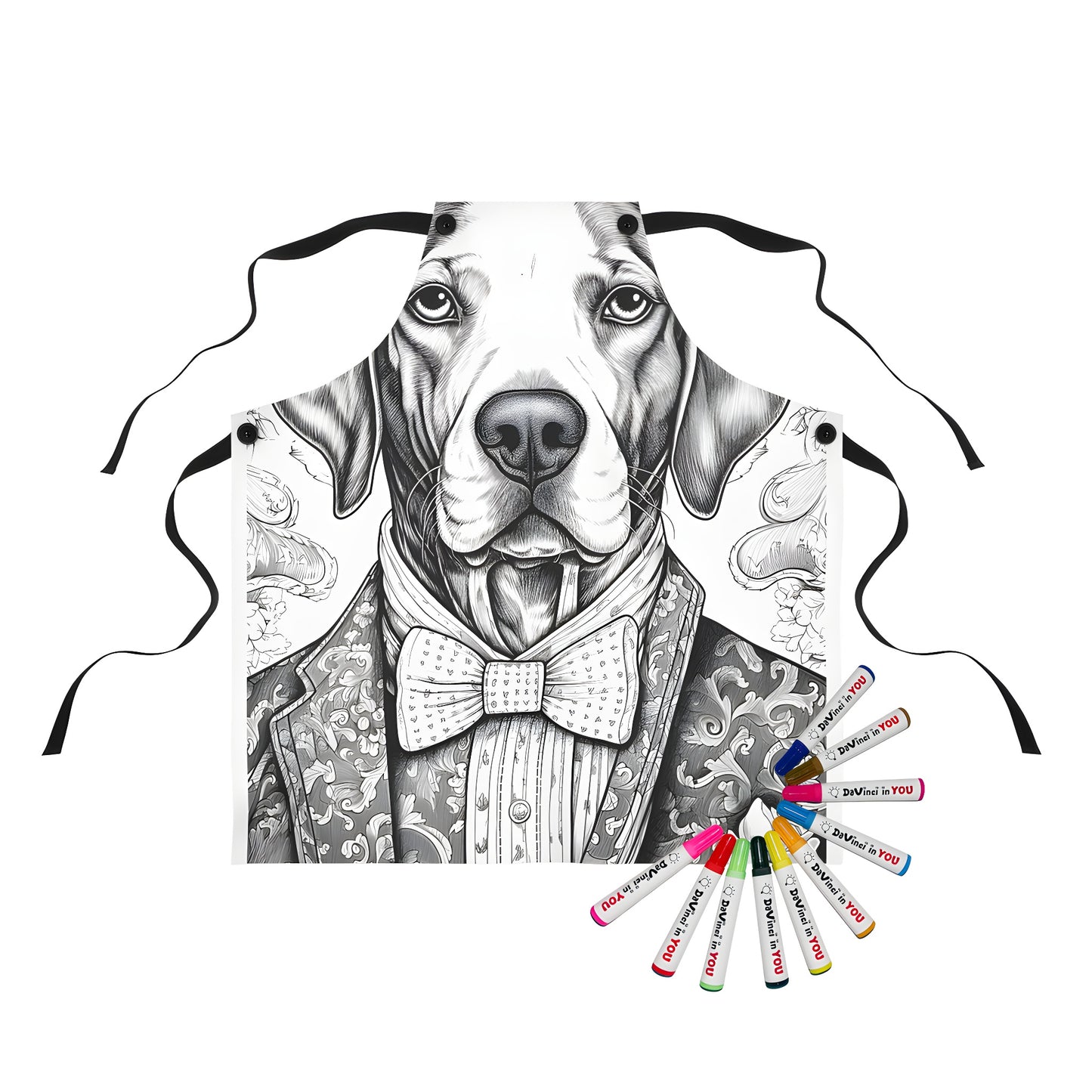 Formal attire inspired dog apron with detailed drawing of formal suit, bow tie and floral pattern on colorful fabric markers