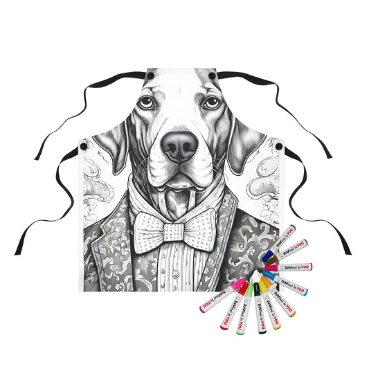 Formal attire inspired dog apron with detailed drawing of formal suit, bow tie and floral pattern on colorful fabric markers