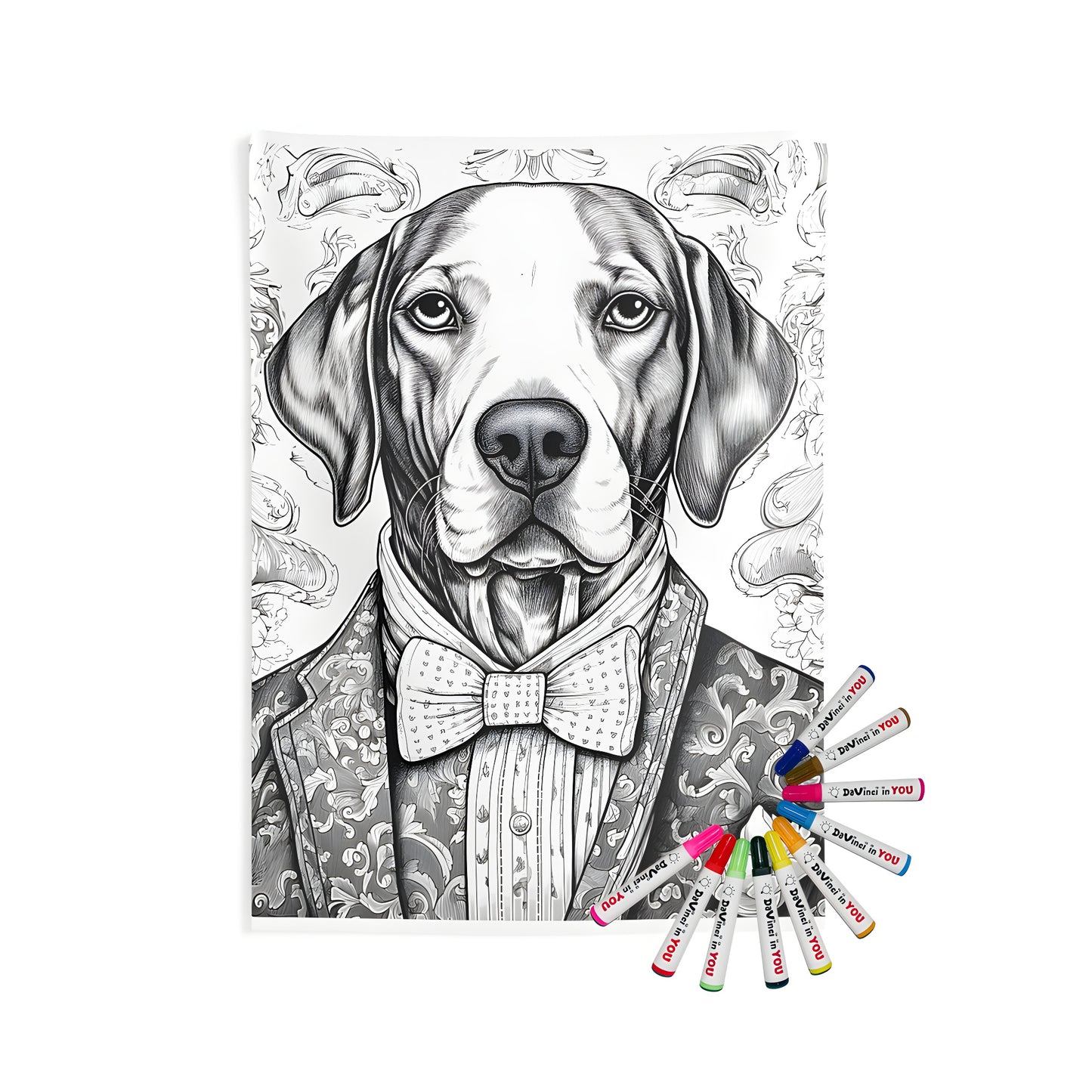 Indoor wall tapestries with formal attire design, featuring a dog in a stylish suit with bow tie and floral background