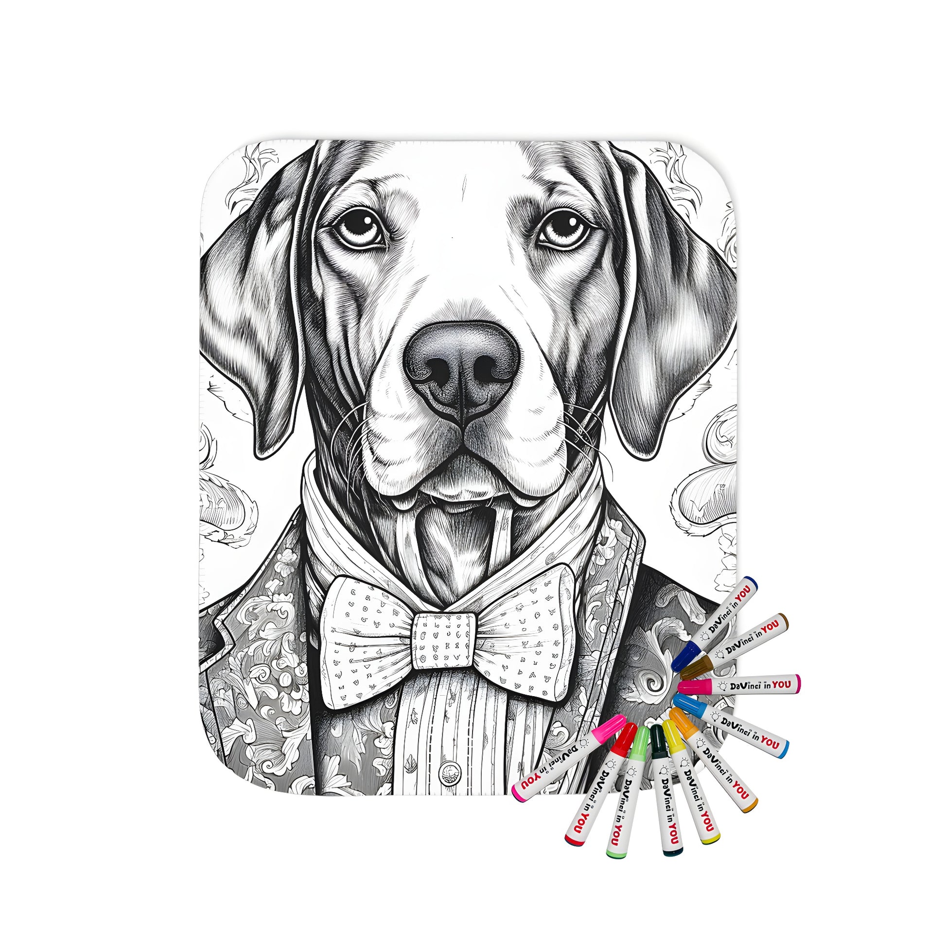 Formal wear inspired blanket for coloring, featuring a dog in a suit and bow tie