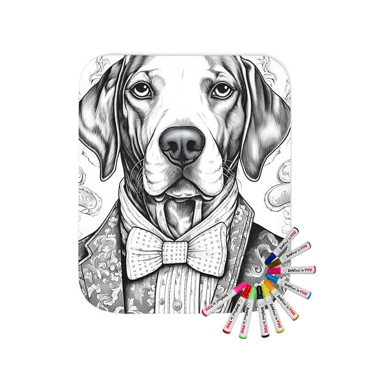 Formal wear inspired blanket for coloring, featuring a dog in a suit and bow tie