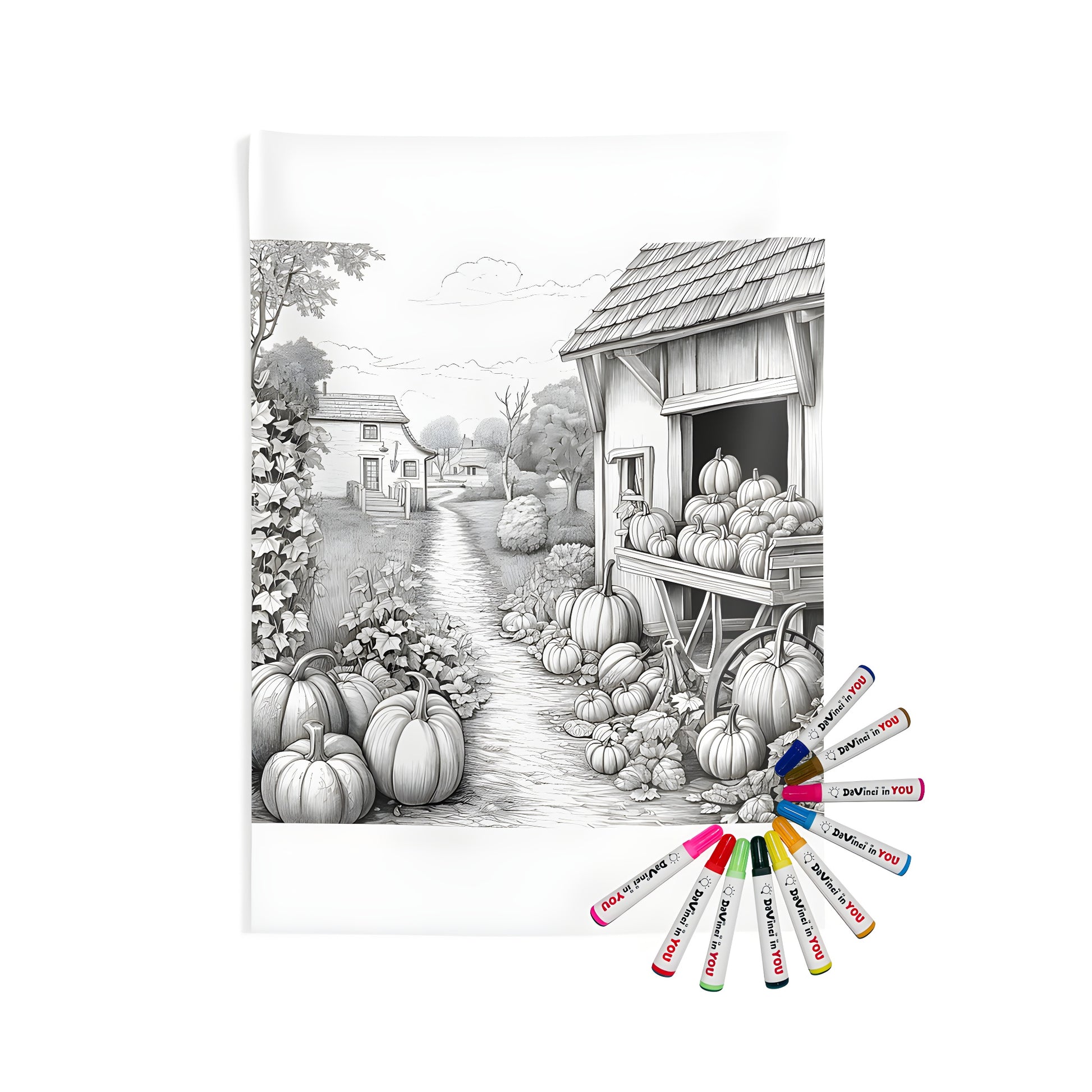 Indoor wall tapestry featuring a charming countryside scene with pumpkins, houses, and a barn. Great for home decor.