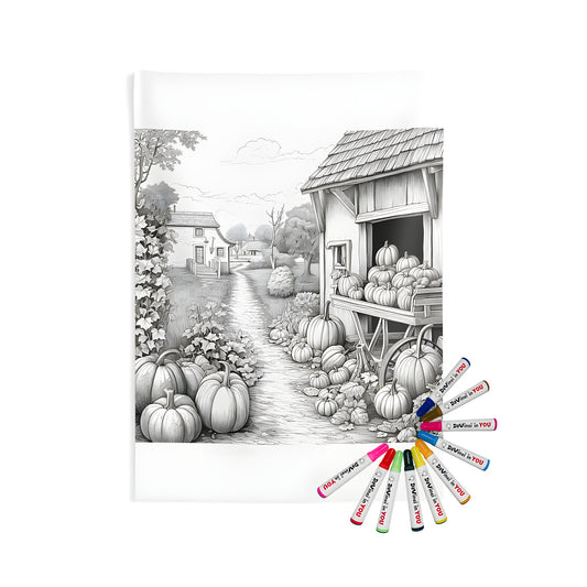 Indoor wall tapestry featuring a charming countryside scene with pumpkins, houses, and a barn. Great for home decor.