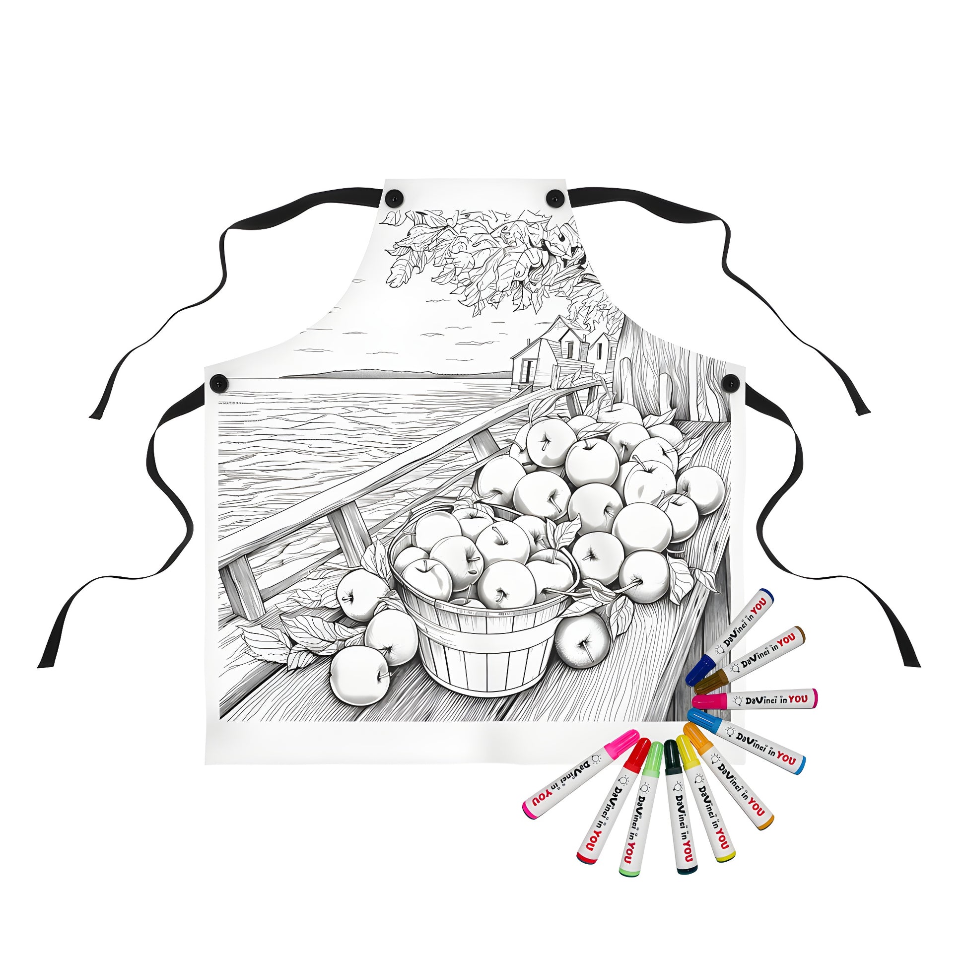 Colorful harvest themed apron featuring a charming black and white illustration of apples in a bucket by a dock, tree house, and serene lake background. Perfect for farmers market, gardening, or farm-themed decor.