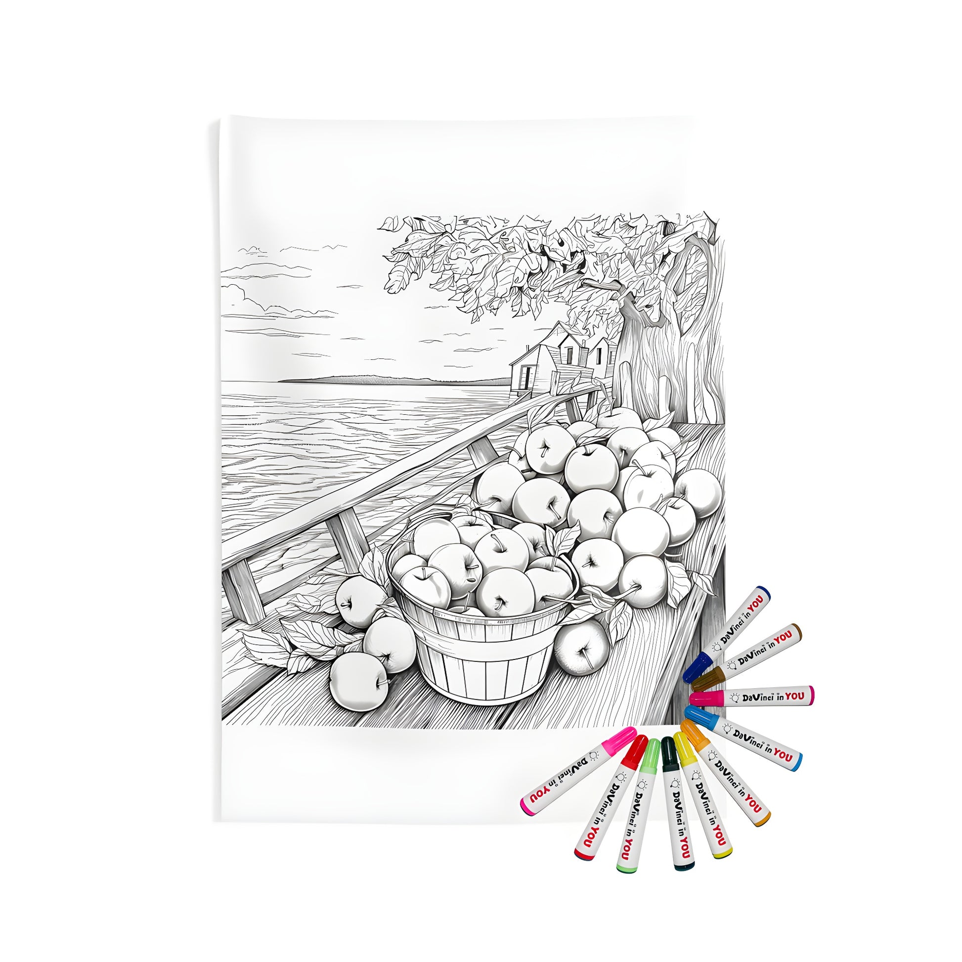 Indoor wall tapestries art with colorful harvest scene, featuring black and white illustration of apples in bucket on dock by tree, house and lake in background. Perfect home decor for fall season.