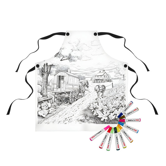 Colorful apron featuring a whimsical rural landscape with horses and a wagon, set against a serene countryside backdrop.