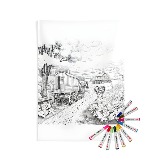 Coloring kit for adults featuring an indoor wall tapestry with a black and white drawing of a rural scene