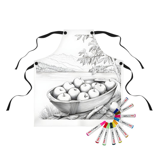 Colorful apron featuring a whimsical boat scene on a serene lake shore with trees and apples