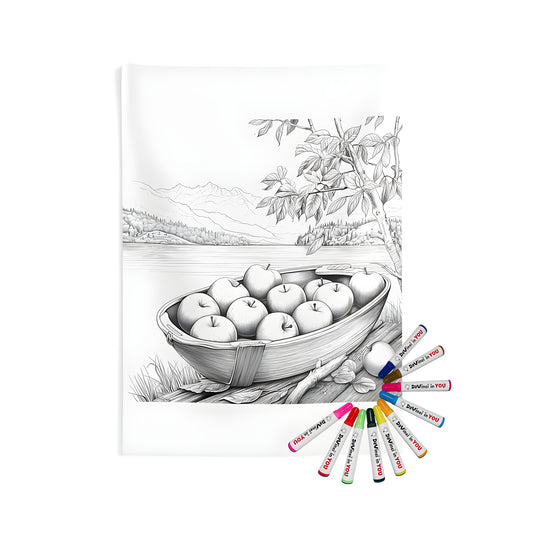 Wall hanging tapestry with a serene lake and tree background featuring a black and white boat full of apples