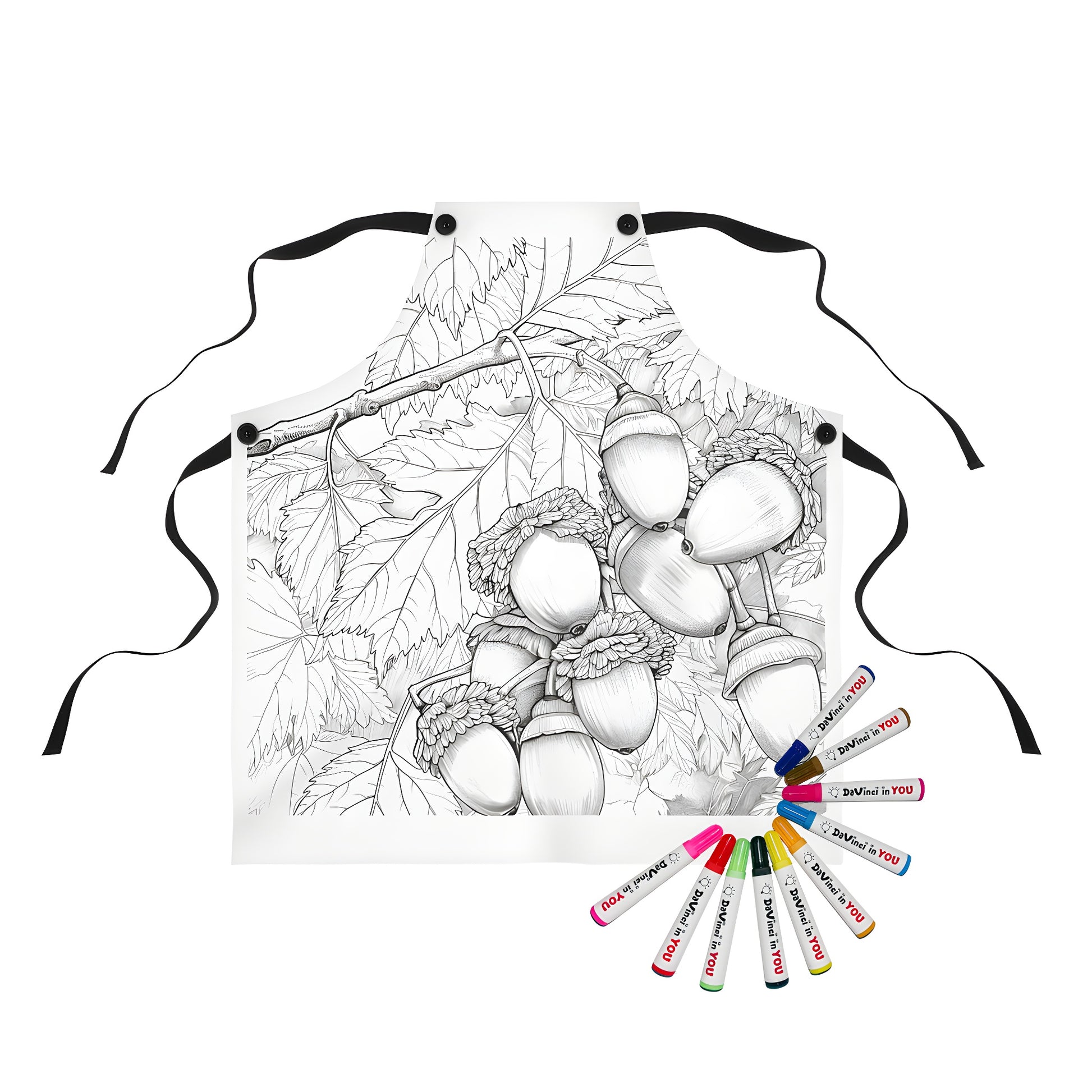 Coloring apron with detailed line art illustration featuring oak nuts hanging from a branch with surrounding foliage. Perfect for adult coloring and creative expression.