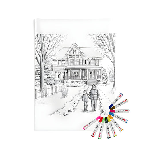 A beautiful Indoor Wall Tapestry featuring a detailed pencil drawing of a house in winter, with snow and two children walking on a shoveled path. Perfect for adding a cozy touch to any room.