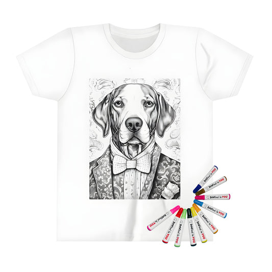 Formal wear-inspired coloring page on a kid's t-shirt with 10 fabric markers