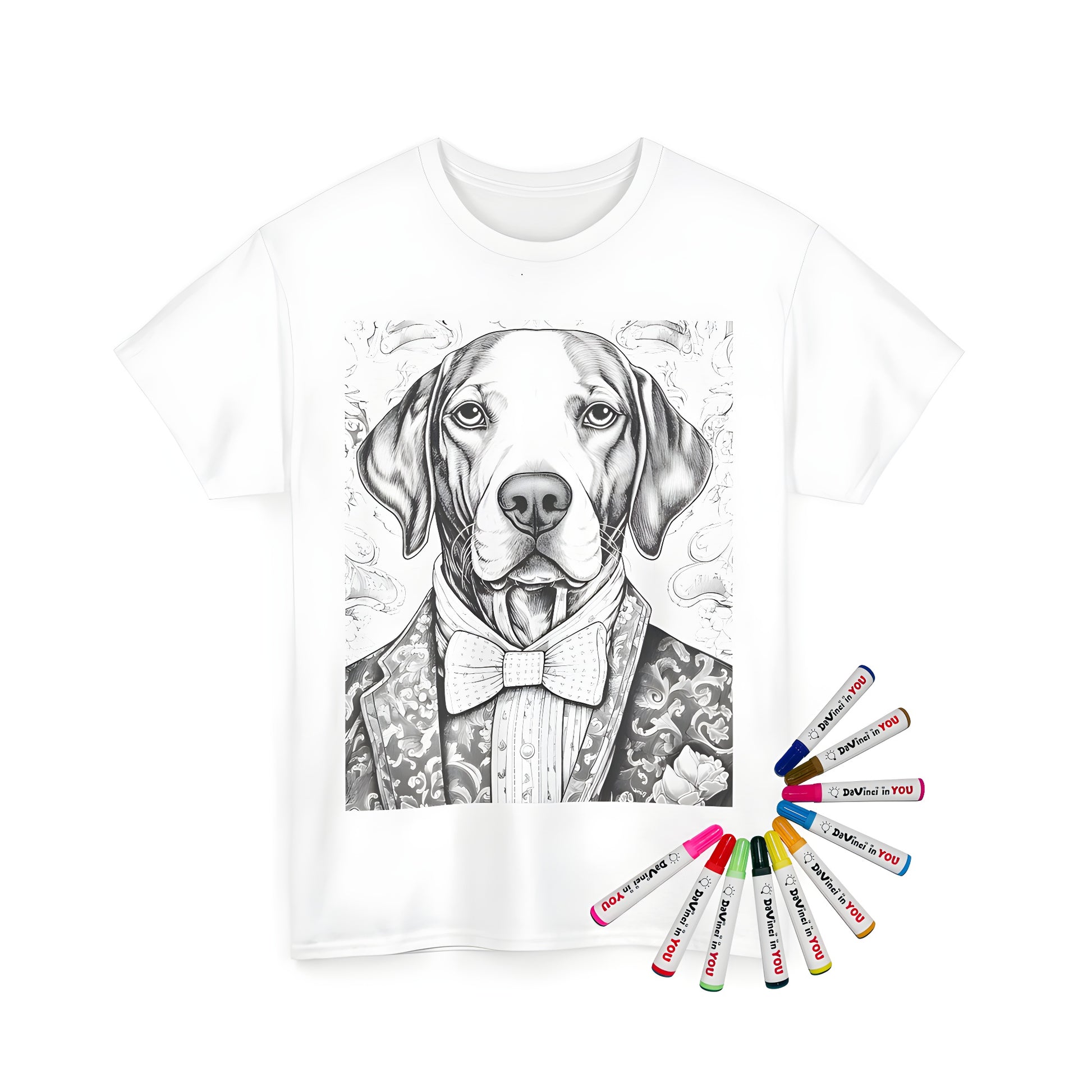 Unisex t-shirt featuring a detailed black and white drawing of a dog in a formal suit, bow tie, and floral pattern on a colorful background.