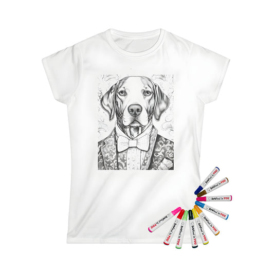 Women's t-shirt with formal attire inspired design, featuring a detailed dog illustration in a suit and bow tie on a colorful background.