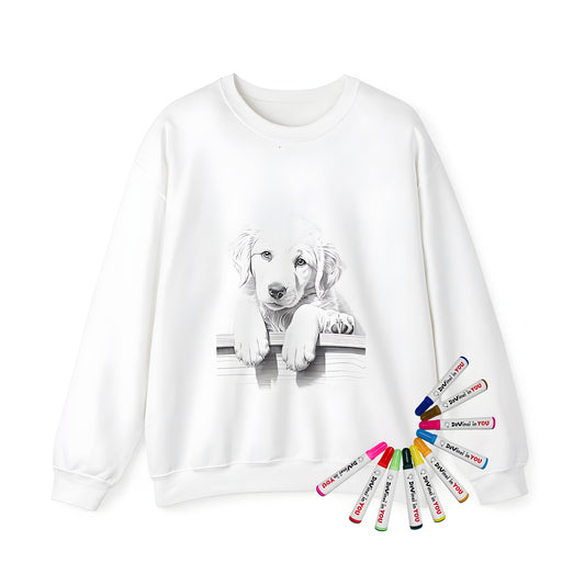 Adult sweatshirt featuring a highly detailed and realistic black-and-white drawing of an adorable puppy resting its paws on a wooden ledge