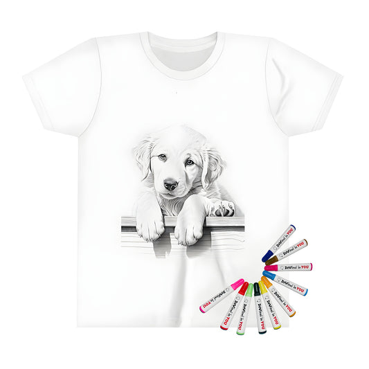 Adorable puppy illustration t-shirt with 10 vibrant fabric markers for kids