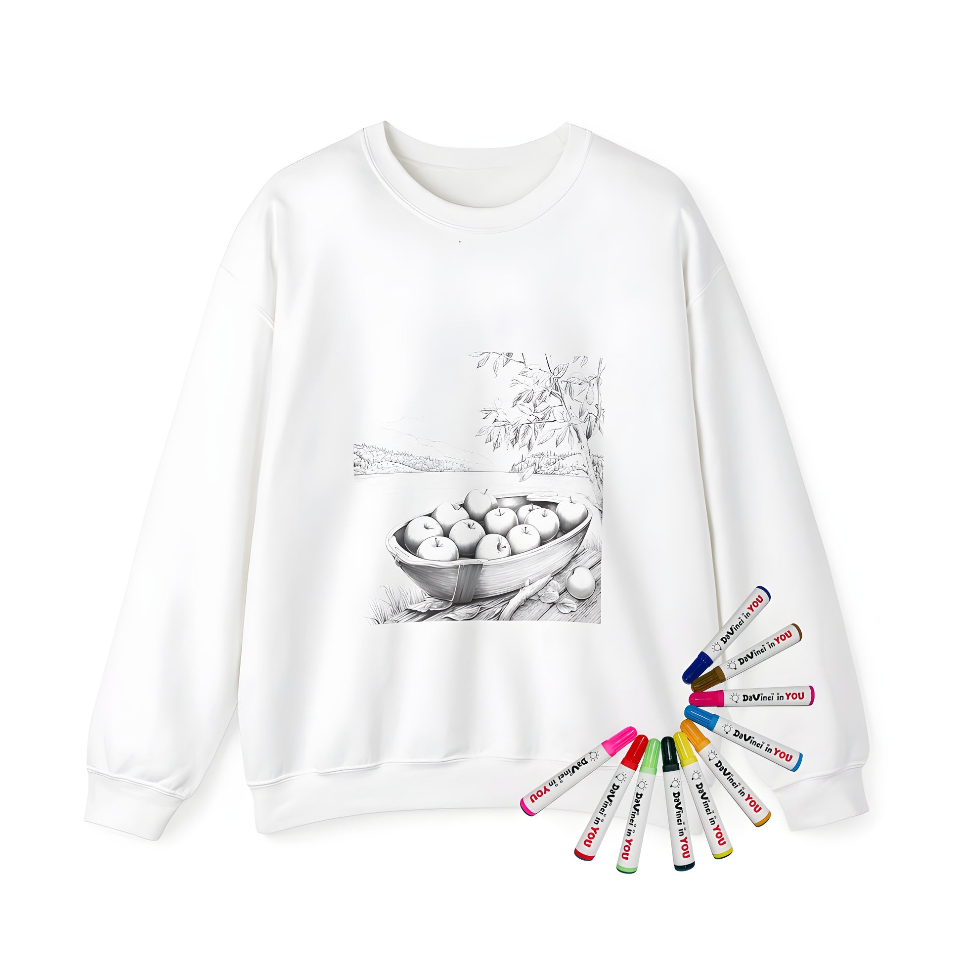 Adult sweatshirt featuring a serene lake landscape with apples and trees, designed by coloring page art