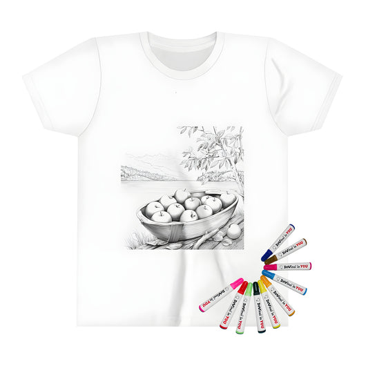 Colorful lake shore scene with kids t-shirt featuring a fun black and white drawing of apples against a serene mountain backdrop